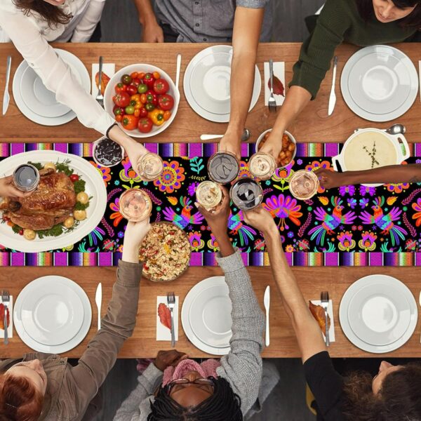 Mexican Fiesta Table Runner Cinco de Mayo Floral Linen Dia De Los Muertos Table Runner for Day of The Dead Altar Muertos Dinning Table Party Decoration Kitchen Supply (13 x 72In) - Image 5