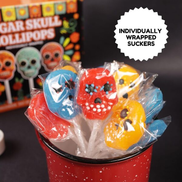 Sweetzo Halloween Sugar Skull Candy Lollipops, Individually Wrapped Dia De Los Muertos Suckers, Strawberry, Orange and Blueberry Flavored (24 Pieces) - Image 4