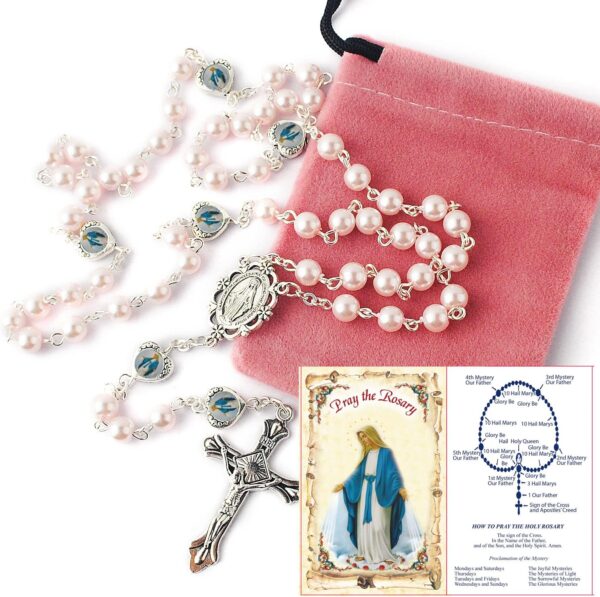 HanlinCC Glass Pearl Beads with Miraculous Epoxy Heart Metal Beads Rosary Necklace pack in Velvet Gift Bag with Rosary Pray Card - Image 2