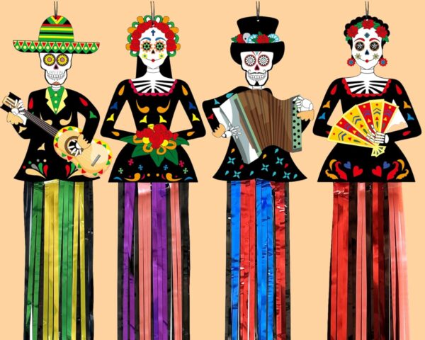 4 Pieces Large Day of The Dead Decorations, 3.7ft Dia De Los Muertos Decorations Hanging Sugar Skull Decor with Metallic Foil Fringe for Mexican Fiesta Halloween Day of The Dead Altar Indoor & Outdoor
