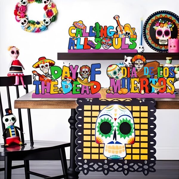 Day of the Dead Decorations Wooden Table Centerpieces Dia De Los Muertos Party Supplies Sugar Skull Themed Calling All Souls Wooden Table Signs for Mexican Dia De Los Muertos Party - Image 5