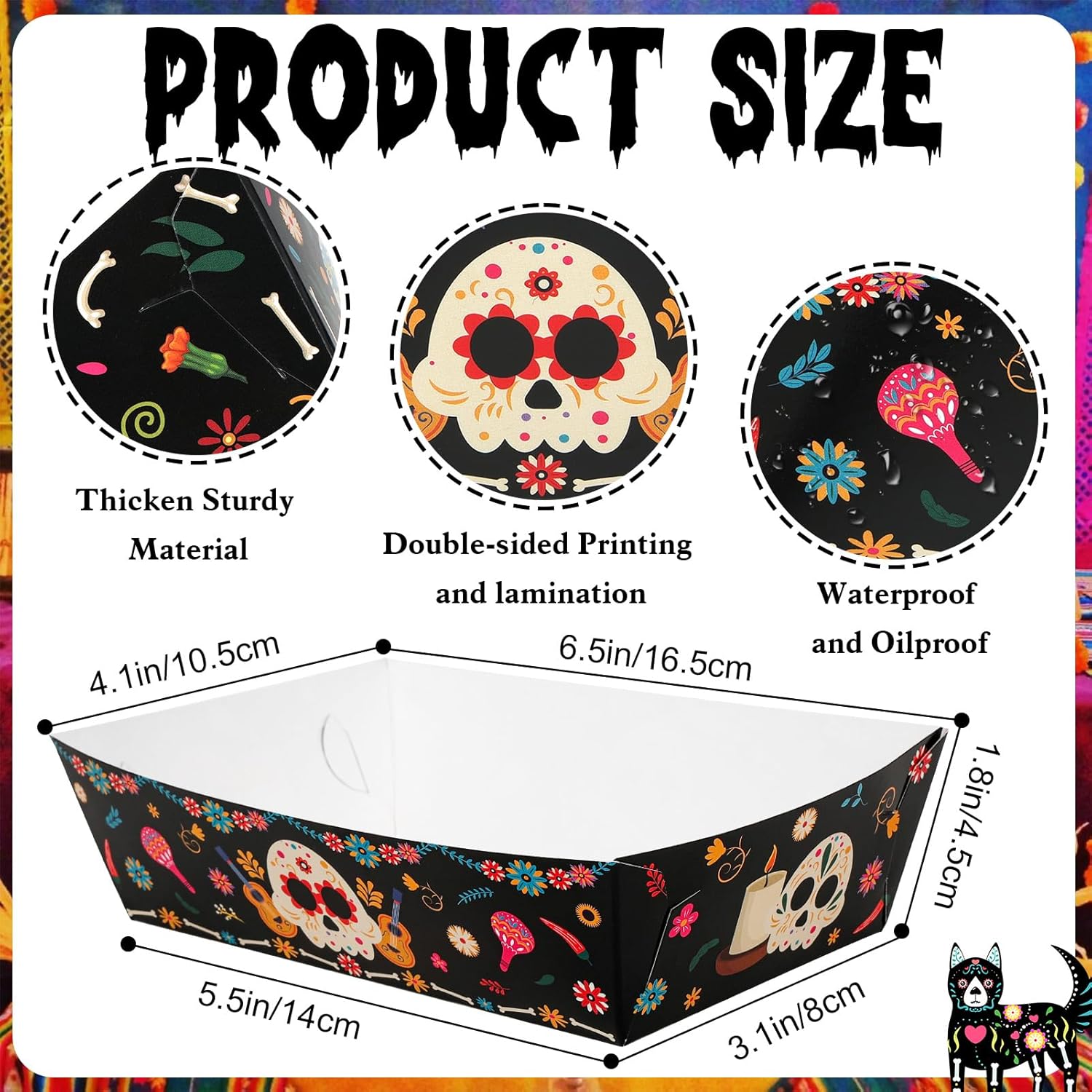HOWAF 24 Pcs Day of The Dead Food Trays Sugar Skull Paper Food Boats for Mexican Dia De Los Muertos Decoration Supplies, Mexican Fiesta Disposable Tray Halloween Food Tray for Chips, Nachos,Candy - Image 2
