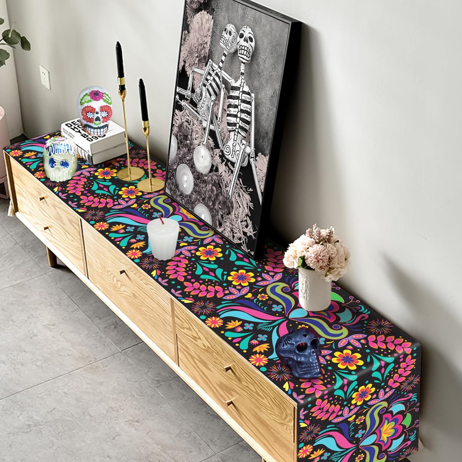 14 x 72 Inch Day of The Dead Table Runner, Mexican Cinco De Mayo Dinner Tablecloth for Dia De Los Muertos Holiday Party, Day of The Dead Home Kitchen Dining Indoor Outdoor Decorations - Image 4