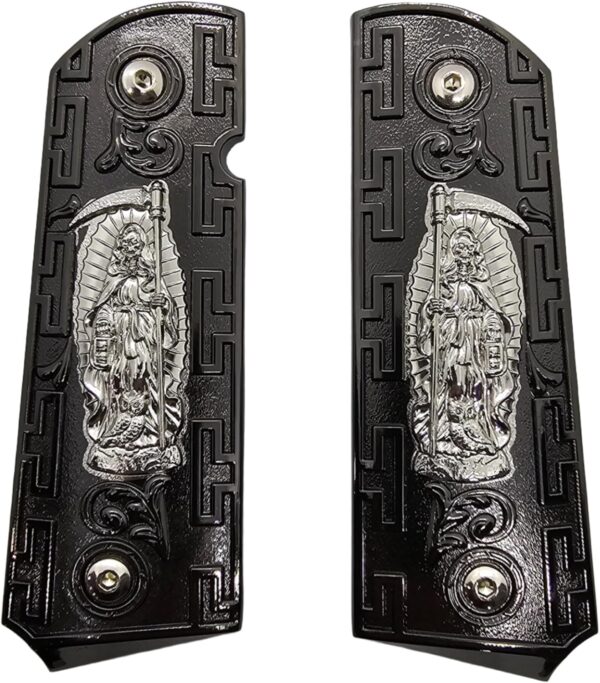 1911 Full-Size Metal Grips with Ambi Safety Cut - Santa Muerte Black and Silver Design, Intricate Patterns, Fits 1911 Government/Commander Models - Image 6