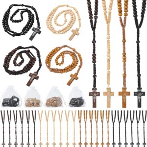 60 Set Wooden Rosary Beads Bulk Wood Catholic Rosaries with Jesus Holy Cross First Communion Wood Carved Rosary with Organza Bags Religious Rosary Catholic Baptism Church Present for Men Women