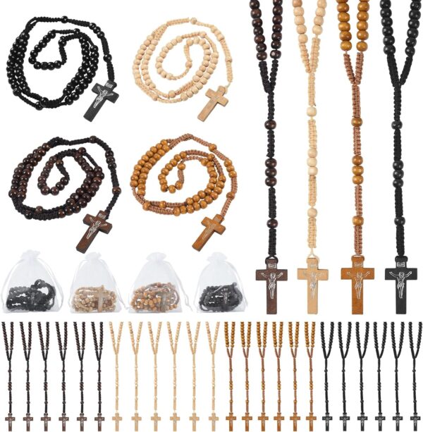 60 Set Wooden Rosary Beads Bulk Wood Catholic Rosaries with Jesus Holy Cross First Communion Wood Carved Rosary with Organza Bags Religious Rosary Catholic Baptism Church Present for Men Women
