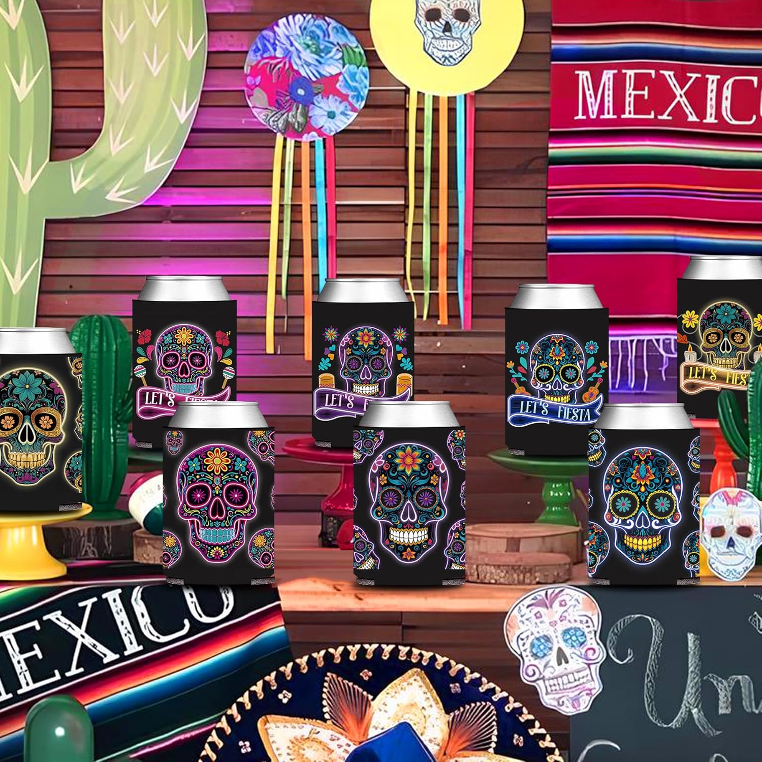 Black Mexican Fiesta Skull Face Can Sleeve Holder 12PCS, Dia De Muertos Death of the Day Beverage Drink Bottle Cooler Cover, Cinco de Mayo Birthday Bridal Shower Bachelorette Gift Decorations - Image 6