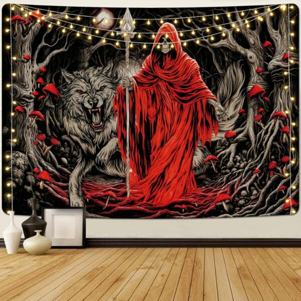 Invoibler Goth Wolf Moon Mushroom Skeleton Flowers Wall Tapestry for Bedroom (51.2 x 59.1 inches)