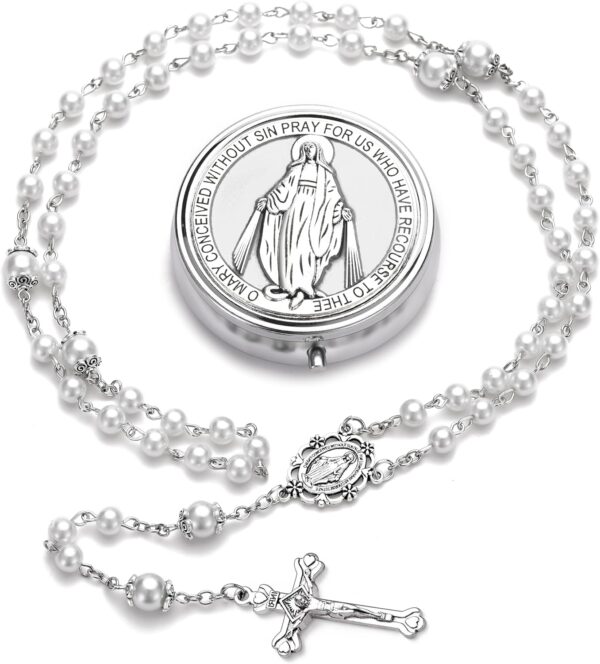 Rosary Beads Catholic for Women, Catholic Gifts, Glass Pearl Beads, Virgin Mary Medal - First Communion Rosary for Girls with Virgin Mary Miraculous Gift Box and 18pcs Prayer Cards - Image 2