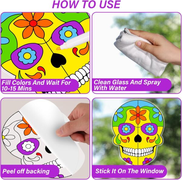 Qyeahkj 30 Set Day of The Dead Arts Crafts for Kids Skull Suncatchers Craft Kit Dia De Los Muertos DIY Coloring Craft Window Cling Sticker with Markers Party Gift for Home Classroom Decor for Kids - Image 3