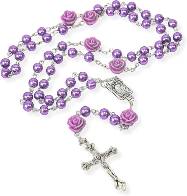Nazareth Store Catholic Purple Pearl Beads Rosary Necklace Our Rose Lourdes Medal & Cross NS - Image 6