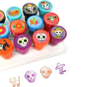 TINYMILLS 12 Pcs Sugar Skulls Stamp Kit for Kids - Day of The Dead Dia de Los Muertos Self Inking Stamps Gift Party Favors