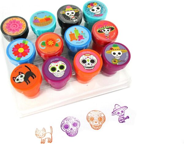 TINYMILLS 12 Pcs Sugar Skulls Stamp Kit for Kids - Day of The Dead Dia de Los Muertos Self Inking Stamps Gift Party Favors