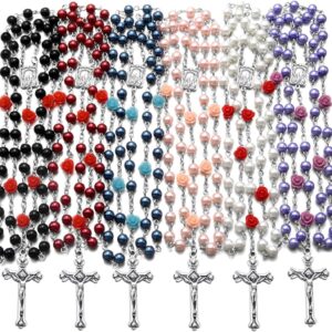 Rosary Beads Catholic Bulk for Women Men, Rose Our Father Beads with Jesus Christ Crucifix Cross First Communion Confirmation Gifts-6 Packs