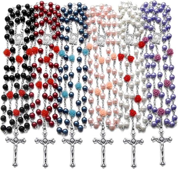 Rosary Beads Catholic Bulk for Women Men, Rose Our Father Beads with Jesus Christ Crucifix Cross First Communion Confirmation Gifts-6 Packs