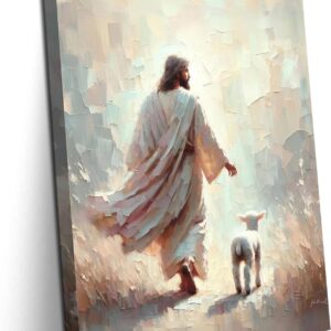 Jesus Leave 99 Sheep Canvas Wall Art Bible Stories Wall Decor The Lost Lamb Painting Picture Jesus Lamb Poster Prints God Faith Artwork for Bedroom Prayer Room Church Home Decoration 12X16