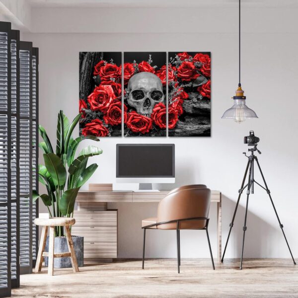 OuElegent 3 Piece Human Skull Canvas Wall Art Sugar Skull with Red Rose Flower Painting Pictures Gothic Halloween Prints Artwork for Living Room Bedroom Wall Decor Ready to Hang - Image 3