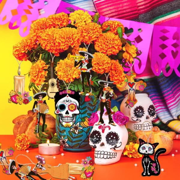 CMUSKO Dia De Los Muertos Decorations-30Pcs Day of the Dead Wood Ornaments Sugar Skull Hanging Wooden Sign,Halloween Tree Ornaments Mexican Fiesta Day of the Dead Decor - Image 5