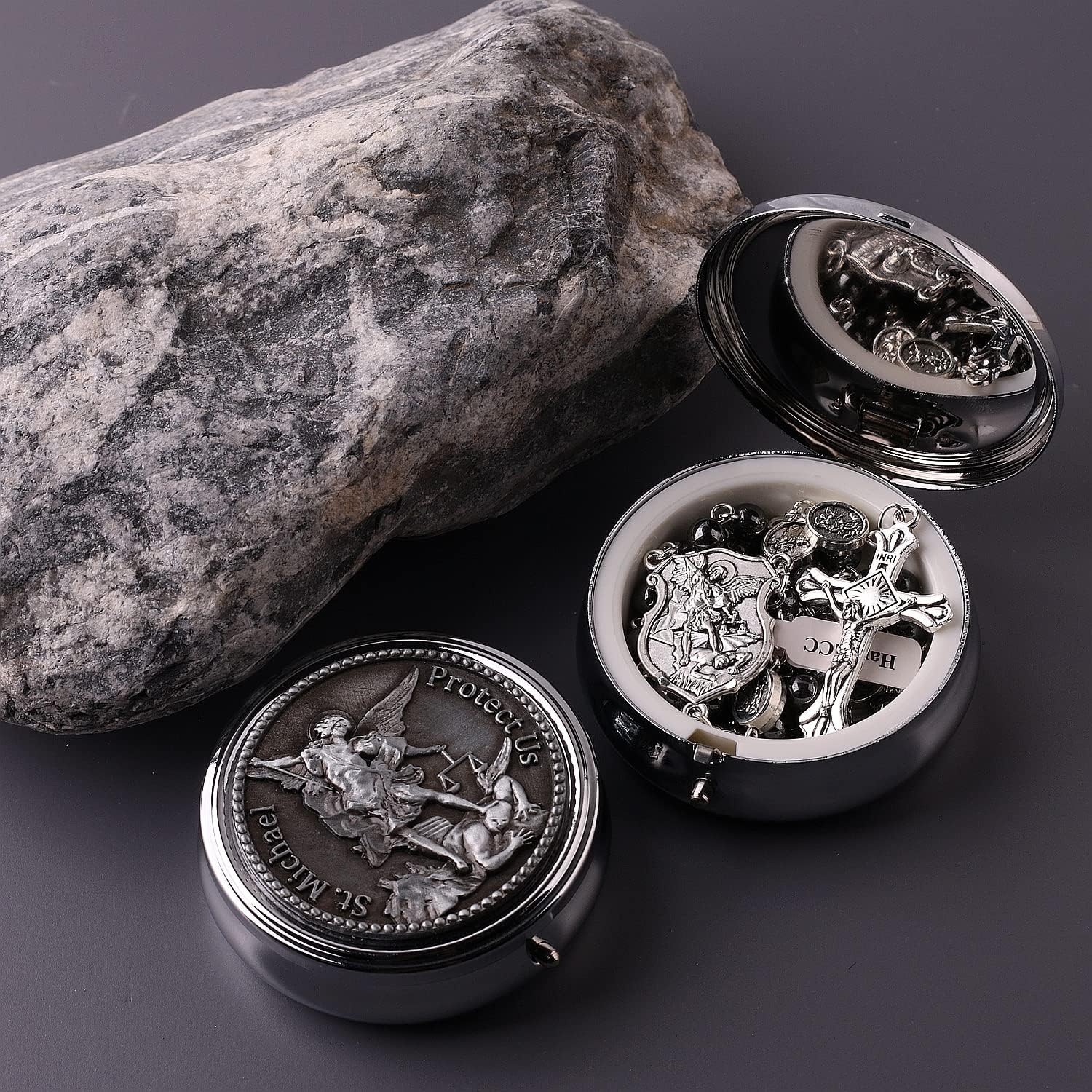 HanlinCC Saint Michael the Archangel Hematite Black Stone Beads Rosary Necklace with Metal Gift Box for Men - Image 2