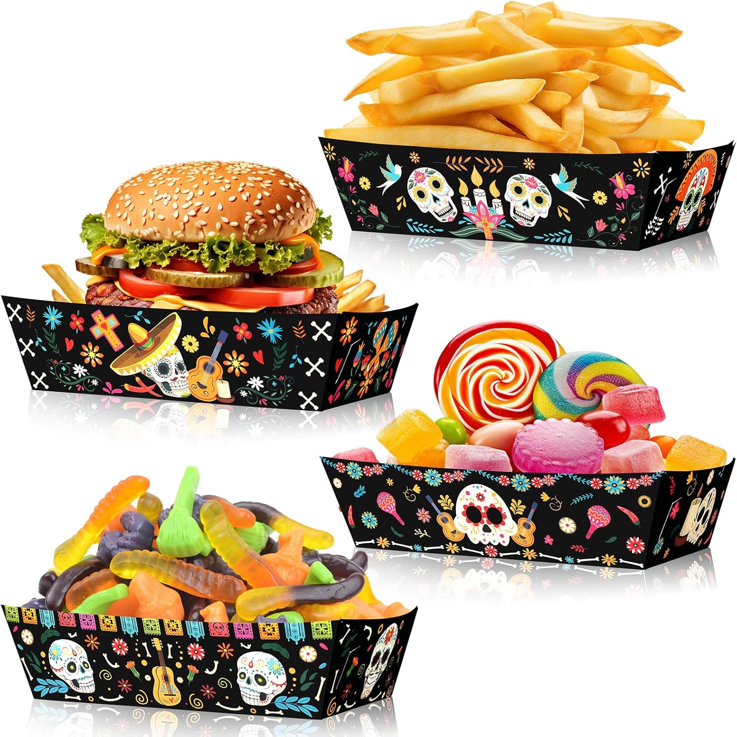 HOWAF 24 Pcs Day of The Dead Food Trays Sugar Skull Paper Food Boats for Mexican Dia De Los Muertos Decoration Supplies, Mexican Fiesta Disposable Tray Halloween Food Tray for Chips, Nachos,Candy