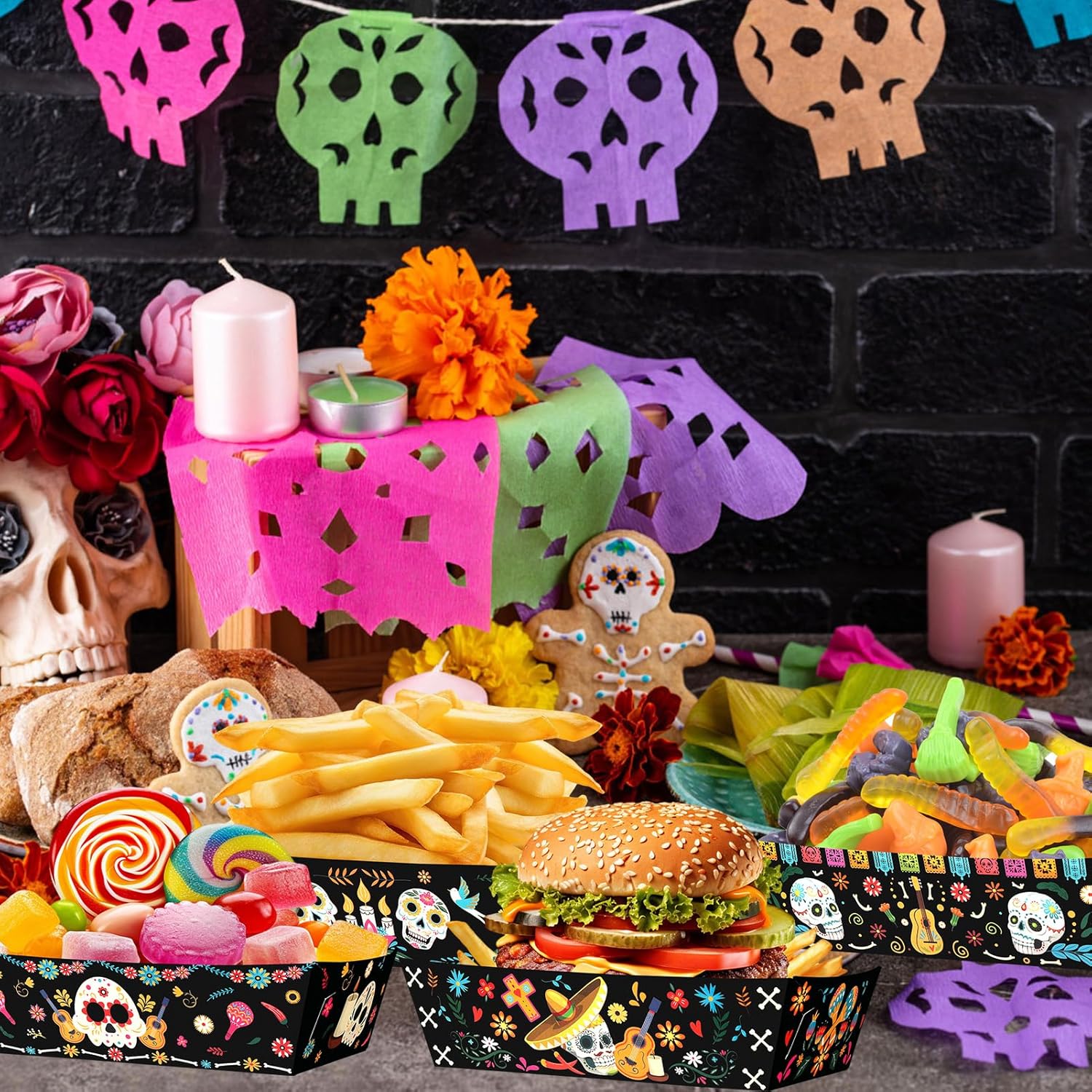 HOWAF 24 Pcs Day of The Dead Food Trays Sugar Skull Paper Food Boats for Mexican Dia De Los Muertos Decoration Supplies, Mexican Fiesta Disposable Tray Halloween Food Tray for Chips, Nachos,Candy - Image 6
