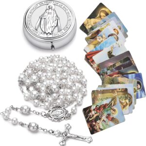 Rosary Beads Catholic for Women, Catholic Gifts, Glass Pearl Beads, Virgin Mary Medal - First Communion Rosary for Girls with Virgin Mary Miraculous Gift Box and 18pcs Prayer Cards