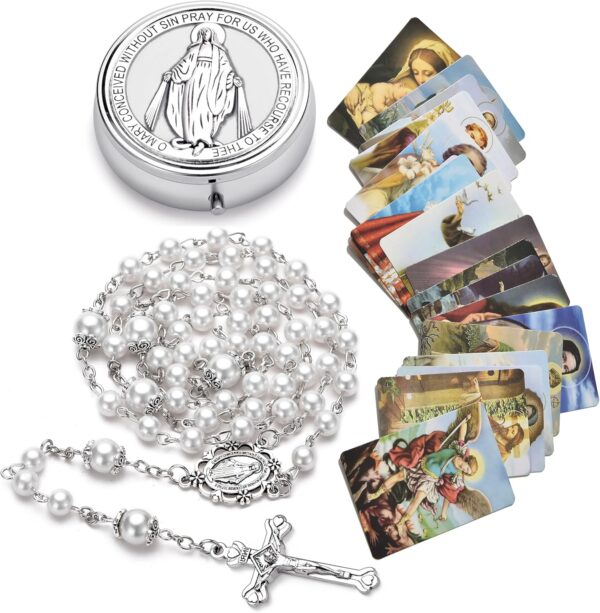 Rosary Beads Catholic for Women, Catholic Gifts, Glass Pearl Beads, Virgin Mary Medal - First Communion Rosary for Girls with Virgin Mary Miraculous Gift Box and 18pcs Prayer Cards