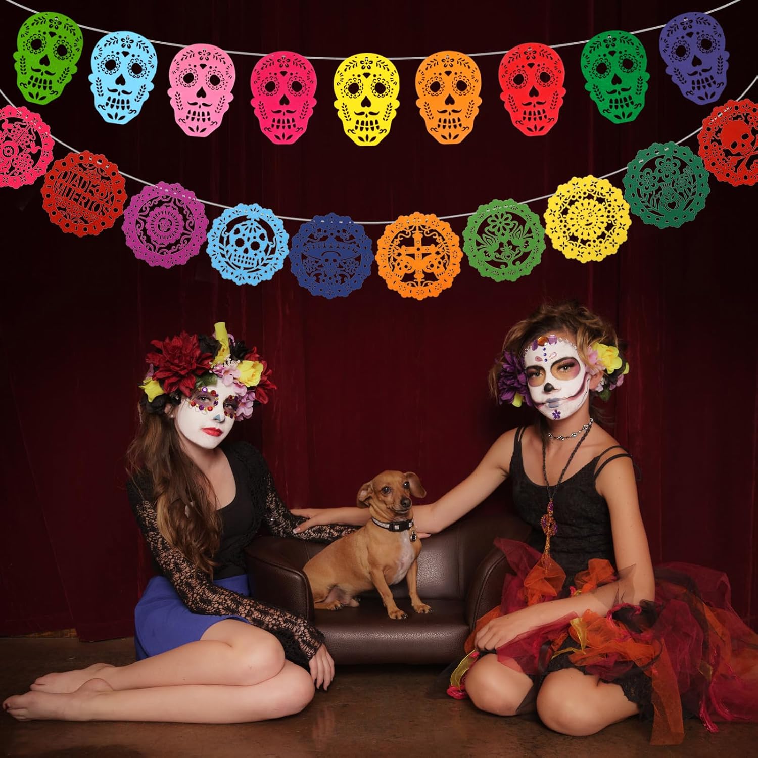 HOWAF 3 Pack Day of The Dead Felt Decorations, Dia De Los Muertos Papel Picado Hanging Mexican Skull Felt Bunting Banner for Fiesta Day of The Dead Garland - Image 5