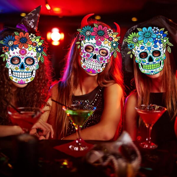 Day of the Dead Felt Masks for Adults, 9 Pack Dia de Los Muertos Skull Masks Floral Sugar Skull Masks, Adjustable Halloween Masks Dia De Los Muertos Decorations for Halloween Cosplay - Image 6