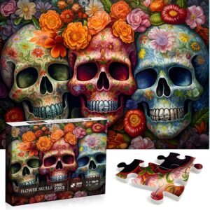 Day of The Dead Sugar Skull Puzzles for Adults 1000 Pieces, Halloween Puzzles 1000 Pieces, PICKFORU Flower Skeleton Puzzle as Skeleton Halloween Decor, Dia De Los Muertos Jigsaw Puzzle Grateful Dead
