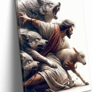 MALEDO Jesus and Lamb Canvas Wall Art Jesus Saves the Lost Lamb Picture Wall Decor Jesus Protect a Lamb from Wolves Painting Print Christian Poster Artwork for Living Room Bedroom Church Home Decor