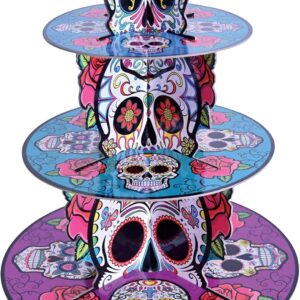 Beistle Day of The Dead Cupcake Stand, 16”- Dia de Los Muertos 3-Tier Treat Display, Sugar Skull Dessert Tray for Halloween Celebrations and Mexican Fiestas