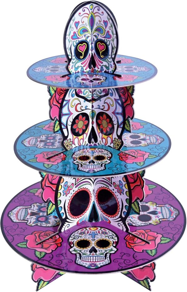 Beistle Day of The Dead Cupcake Stand, 16”- Dia de Los Muertos 3-Tier Treat Display, Sugar Skull Dessert Tray for Halloween Celebrations and Mexican Fiestas