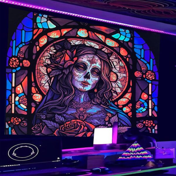 RILACON Day of The Dead Black Light Reactive Tapestry Rose Suger Skull Wall Hanging Tapestry Glow in the Dark Church Skeleton Poster Trippy Wall Art Decor for Bedroom Living Room - Image 3
