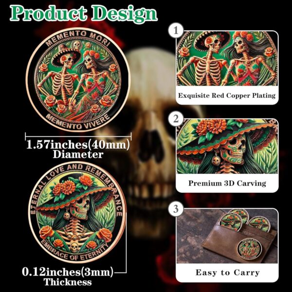 Memento Vivere Challenge Coin Momento Mori, La Catrina Coin Commemorate The Lost Embrace of Eternity Carpe Coin Time Reminder Inspirational CoinsGifts for Mexican Day of The Dead - Image 5