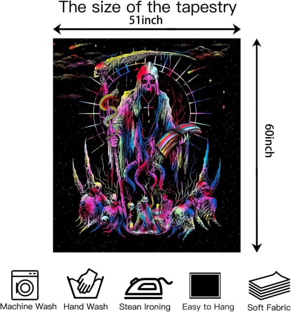 Avinyl Blacklight Skull Tapestry for Bedroom, Black Light Grim Reaper Skeleton Tapestries for Men, UV Reactive Cool Gothic Poster Wall Hanging for Girls Living Room Dorm Decor (51in x 60in) - Image 6