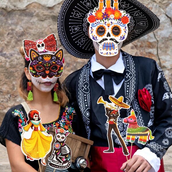 HOWAF Glitter Day of The Dead Photo Booth Props, Dia De Los Muertos Skull Decorations Photo Props Kits for Day of The Dead Party Favor, Mexican Fiesta Halloween Glitter Prop Pose Sign 30pcs - Image 6