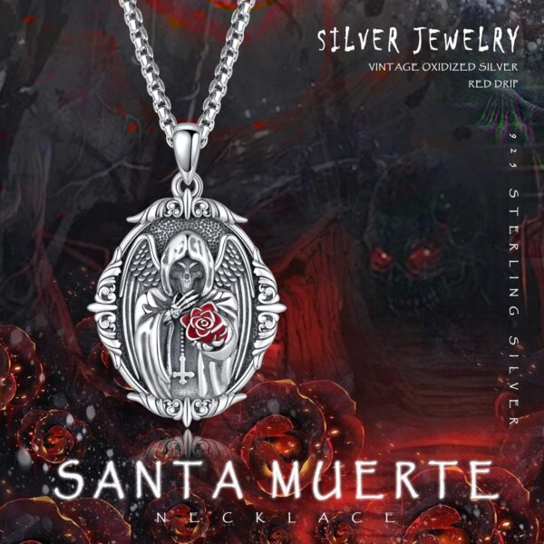 Cuoka Santa Muerte Necklace 925 Sterling Silver Grim Reaper Pendant Necklace,Retro Death Reaper Aumelt Chain Jewelry for Men - Image 7
