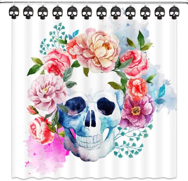 Set of 12 Sugar Skull Shower Curtain Hooks Decorative Home Bathroom Stainless Steel Rustproof Skeletons Shower Curtain Rings Decor Accessories (Black) - Image 2
