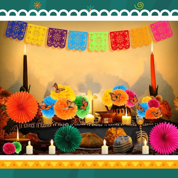Newwiee 82 Pcs Day of the Dead Altar Decoration Kit Dia De Muertos Disposable Tablecloth Flameless LED Candle Paper Marigold Flower Fan Butterfly Mexican Papel Picado Banner Supplies (Multicolor) - Image 6