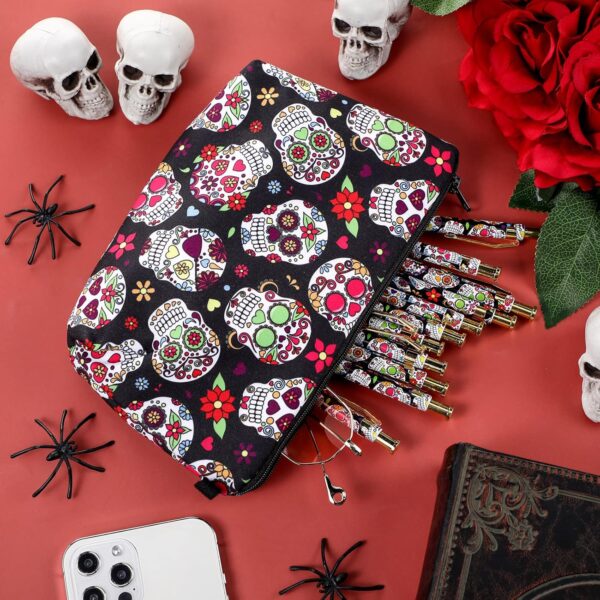 TaoBary 12 Pcs Sugar Skull Pens with Pencil Case Ballpoint Pens Retractable Click Ball Sugar Skull Gifts Pouch with Zipper Cinco De Mayo School Student Office Supplies Gift for Christmas Halloween - Image 3