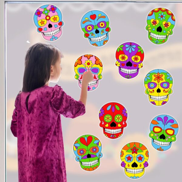 Qyeahkj 30 Set Day of The Dead Arts Crafts for Kids Skull Suncatchers Craft Kit Dia De Los Muertos DIY Coloring Craft Window Cling Sticker with Markers Party Gift for Home Classroom Decor for Kids - Image 6