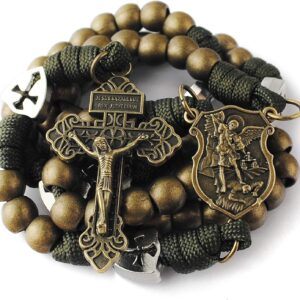 HanlinCC Large and Heavy Antique Bronze Metal Beads Rugged Durable Paracord Rosary Necklace with St.Michael Center Piece and Pardon Crucifix for Men