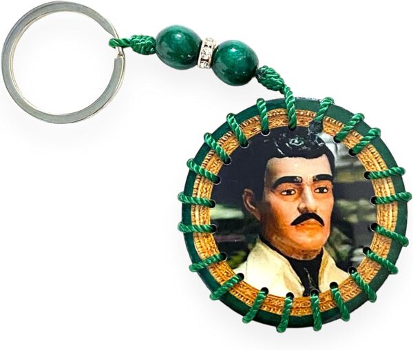Jesus Malverde Green Wooden Round Keychain with Green Beads Gift Keepsake Collectible Accessory Llavero