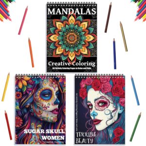 3Pcs Adult Coloring Books for Women Relaxation, Sugar Skull Coloring Book for Adults, Mandala Coloring Book for Adults, Spiral Coloring Books for Women Spiral Bound Printed On One Side