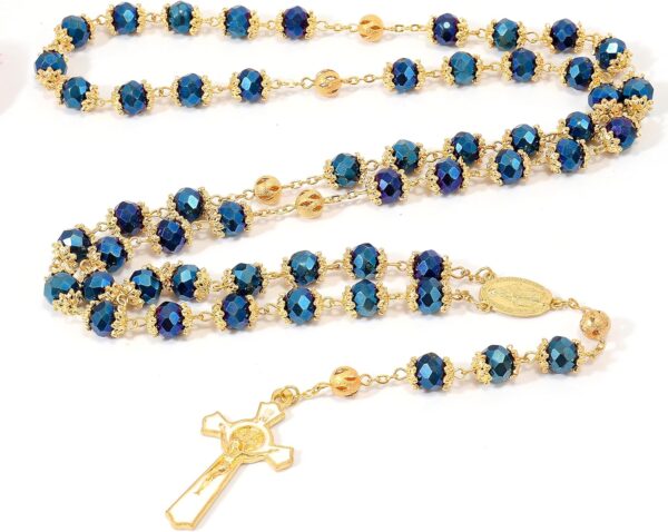 Nazareth Store St. Benedict Deep Blue Crystal Beads Rosary Prayer Necklace Golden Miraculous Medal & Gold Enamel Cross - Image 3