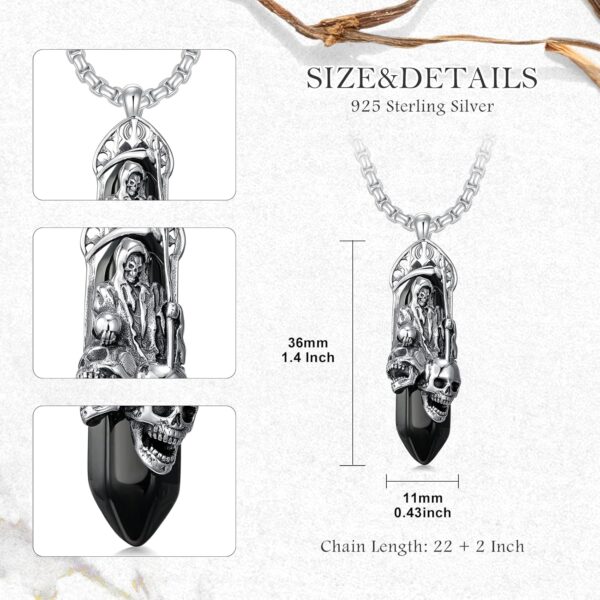 Santa Muerte Necklace 925 Sterling Silver Black Obsidian Grim Reaper Pendant Necklace Jewelry for Men Women, w/Stainless Steel Chain 22''+2'' - Image 6