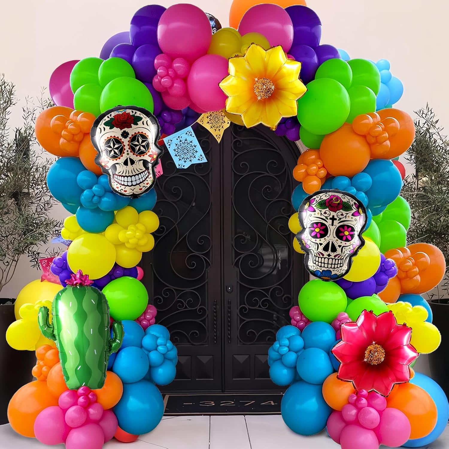 Dia de Muertos Balloon Arch Kit,160PCS Mixed Colorful Day of the Dead Balloon Garland with Cactus Flowers Sugar Skull Foil Balloons for Halloween 5 de Mayo Mexican Fiesta Party Altar Decorations - Image 6