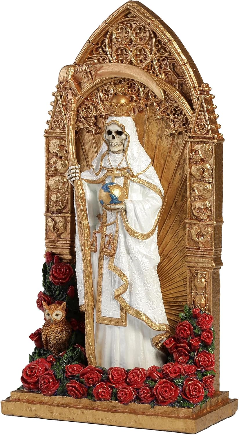 Veronese Design 9 3/8 Inch Regal Santa Muerte Dia De Los Muertos Golden Arch Hand Painted Resin Sculpture White Reaper Statue