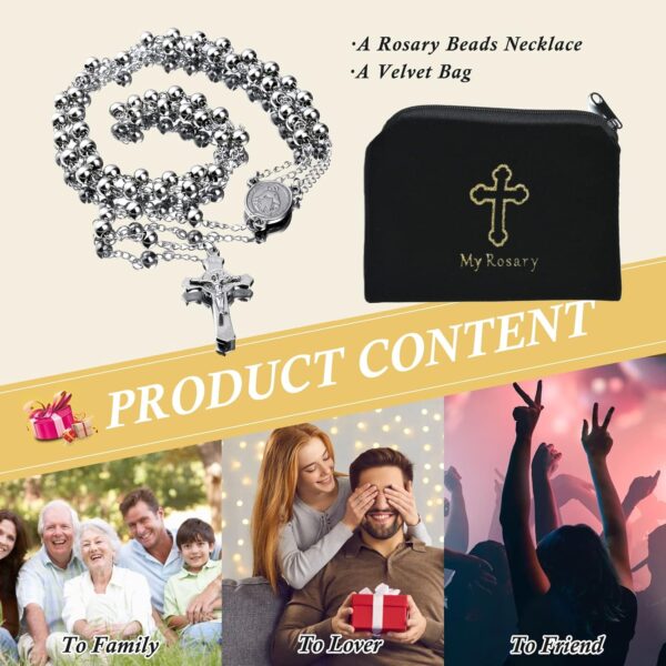30" Stainless Steel Rosary Beads Necklace 6mm Silver Color with Jesus Christ Crucifix Cross - Image 6